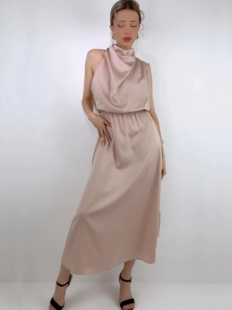 Summer High-End Silk Satin Sleeveless Long Dress Women Fashion Elegant Celebrity Dresses Evening Dress Party Clothes Ladies
