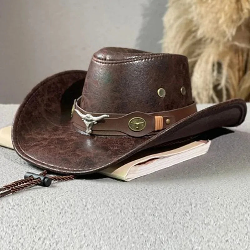 1 PC Vintage Faux Leather Western Cowboy Hat For Men Women Outdoor Gentleman Cowgirl Jazz Hats Sombrero Hombre