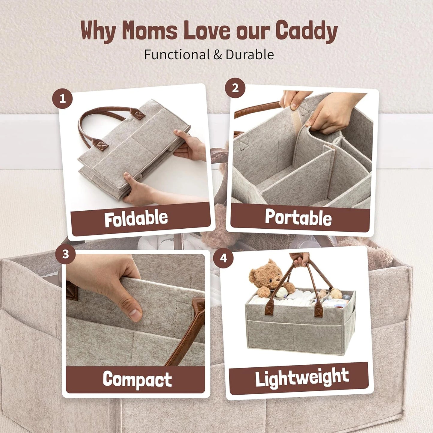 Baby Nappy  Caddy Organiser - Neutral Baby Gifts for Baby Shower Registry Items - Car Organiser for Nappy Wipes