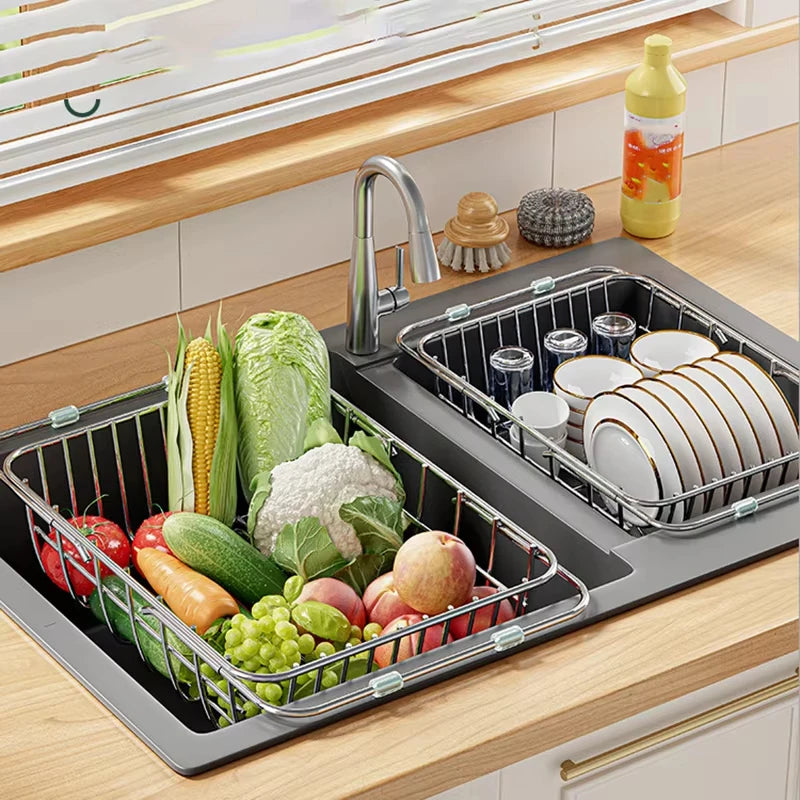 Adjustable Drain Baskte Stainless Steel Sink Tableware Rack Kitchen Fruit Drainer Expandable Vegetable Washing Basin Dish Rack