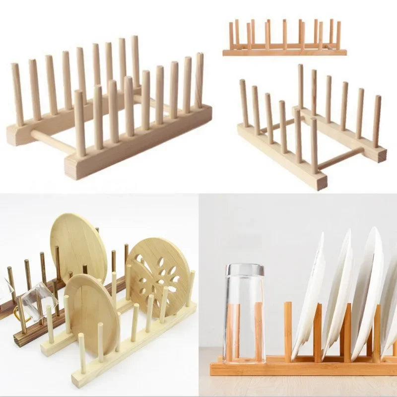 Wooden Dish Drainer Rack Kitchen Dishes Stand Plate Dish Drying Rack Pot Lid Racks Kitchen Organiser Drying Cups Display Shelf