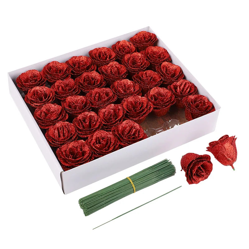 5-20Pcs Red Glitter Artificial Rose Flowers Bouquet Wedding Bridal Shower Decoration Valentines Day Gift Birthday Party Decor