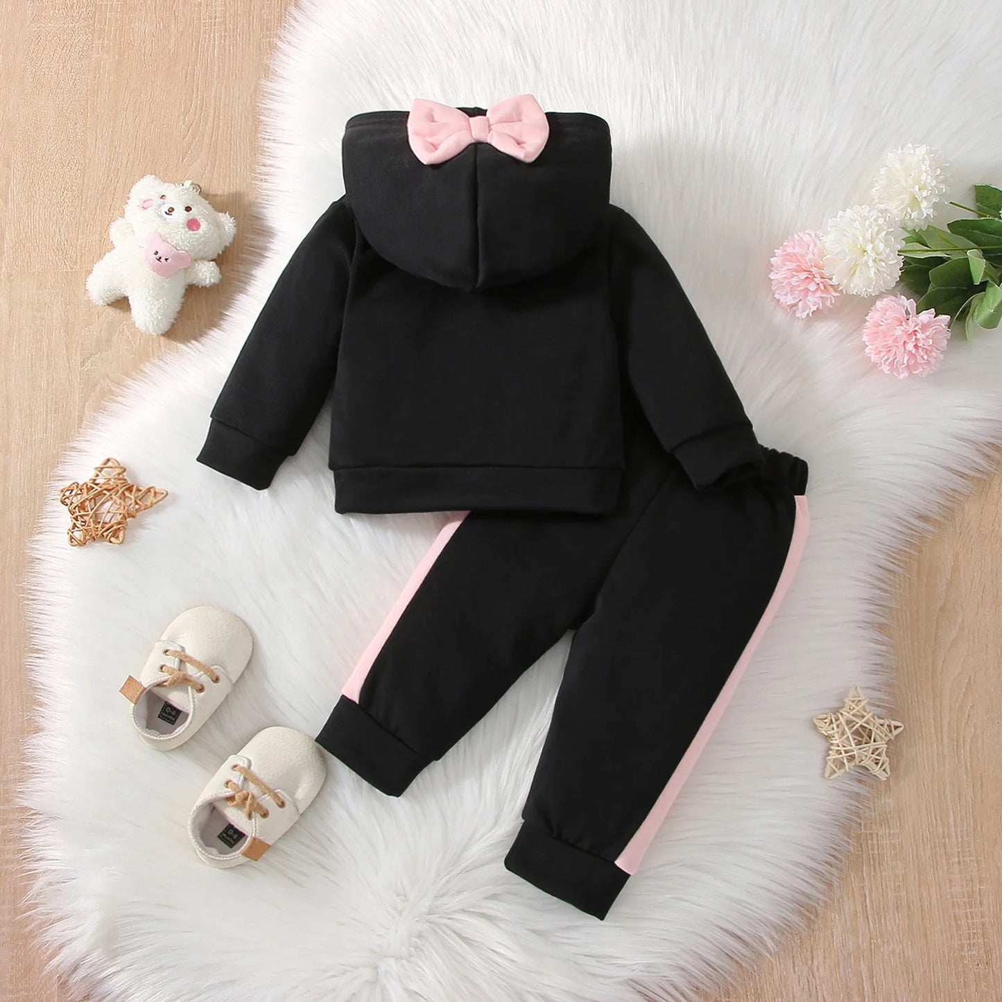 Autumn 2Pcs Baby Girls Long Sleev Printing Letter With Bow Hoodie Set For Casual Sporty Clothes For 1-3Y