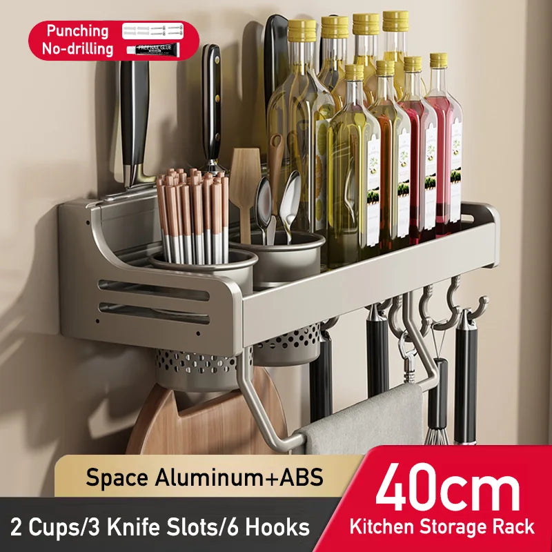 No Drill Kitchen Storage Rack Aluminum Wall Mount Spice Seasoning Spoon Knife Stand Holder Rag Dishcloth Rack Organizer Shelf