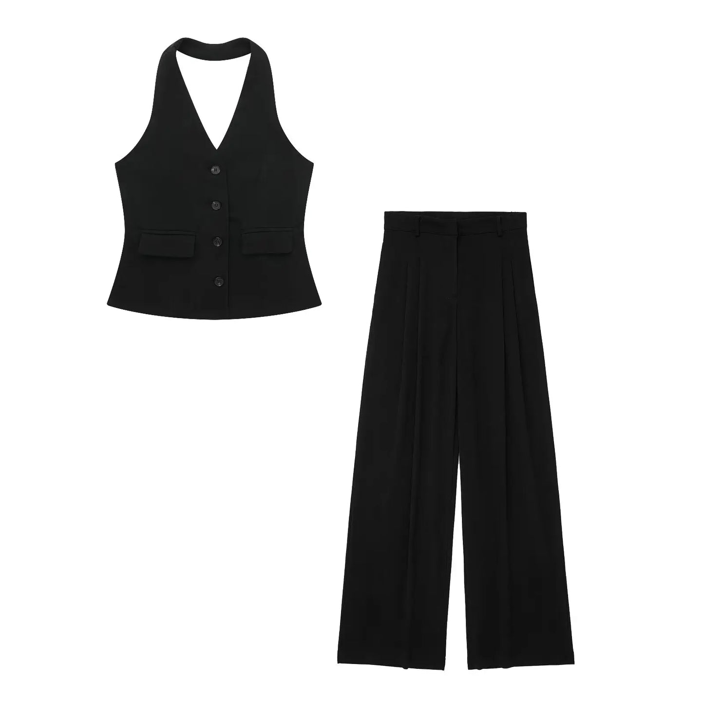 Women's Linen Look Halterneck Vest And Wide Leg Trouser