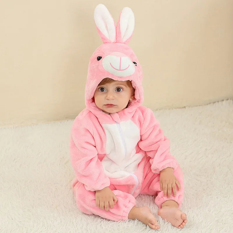 Baby Rompers Kids Cosplay Winter Flannel One-Pieces Hooded Jumpsuits Stitch Jumpers Overall Girl Grows Boy Growings Roupa Bebes