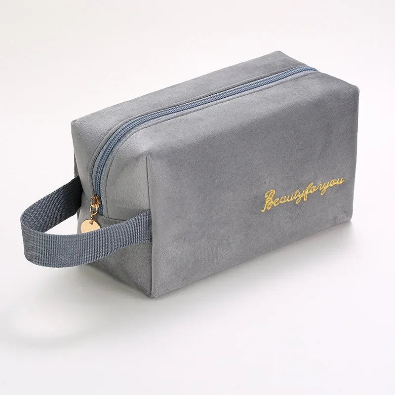 Plush Cosmetic Bag for Women – Large Zipper Makeup & Toiletry Travel Pouch, Solid Color Beauty Bag