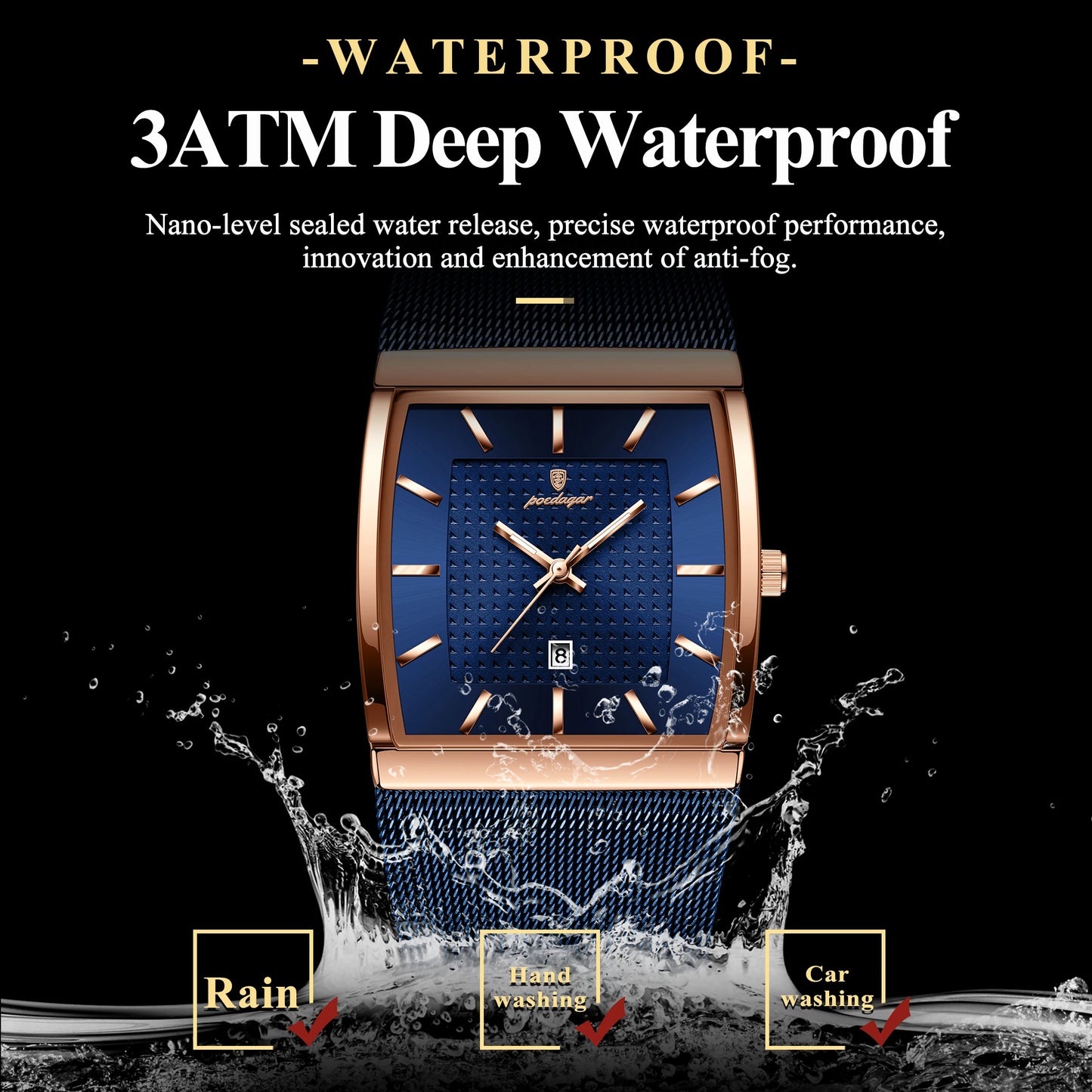 POEDAGAR Top Original Men Watch Waterproof Luminous Date Rectangle Man Wristwatch Mesh Stainless Steel Men's Quartz Watches Male