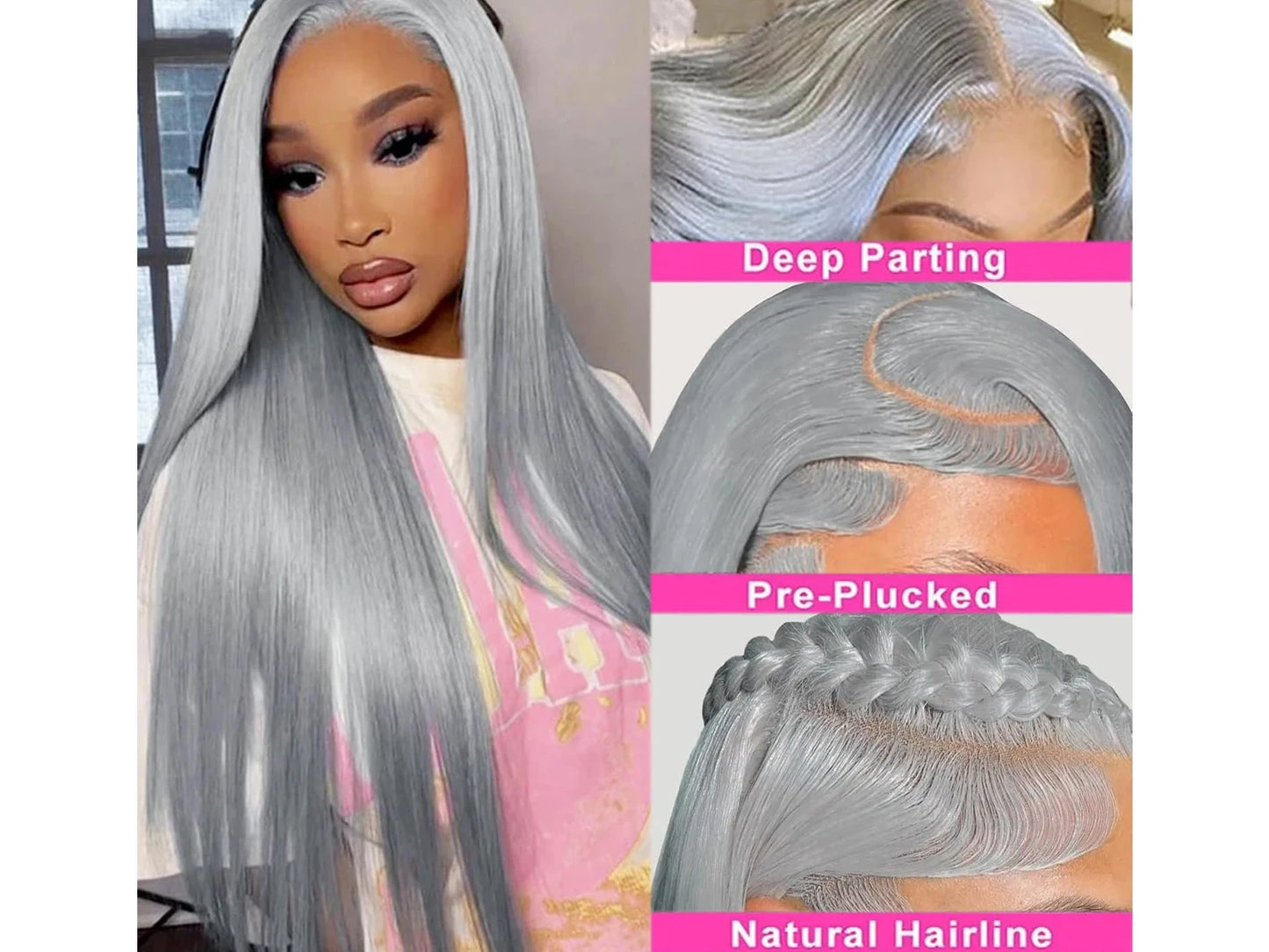 38 Inch 13x6 Hd Lace Frontal Wig 250 Density Grey Straight Human Hair Pre Plucked Transparent 13x4 Lace Frontal Brazilian Wig