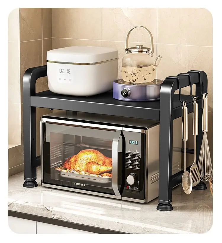 Kitchen Microwave Oven Rack Double Layer Expandable Multi Functional Home Appliance Storage Shelf Carbon Steel No Installatio...
