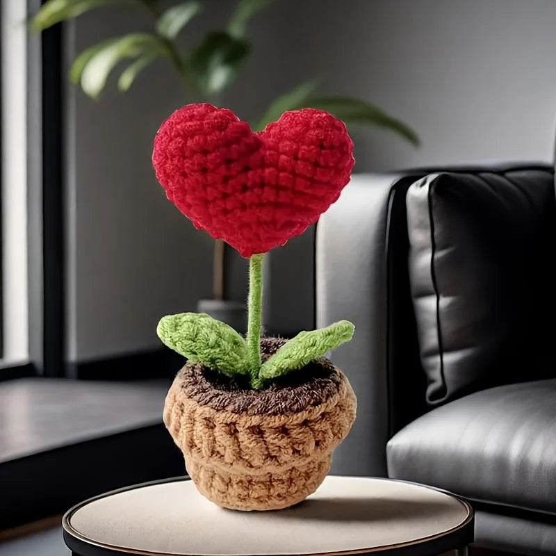 1/2/3/5Pcs Handmade Knitted Flower Pot Red Heart Shaped Knit Imitation Potted Plant Christmas Valentine's Day Mother‘s Day Gift