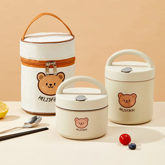 316 Stainless Steel Thermal Insulated Bento Lunch Box Leak Proof Little Bear Food Container With Handle For Kids Microwave Safe