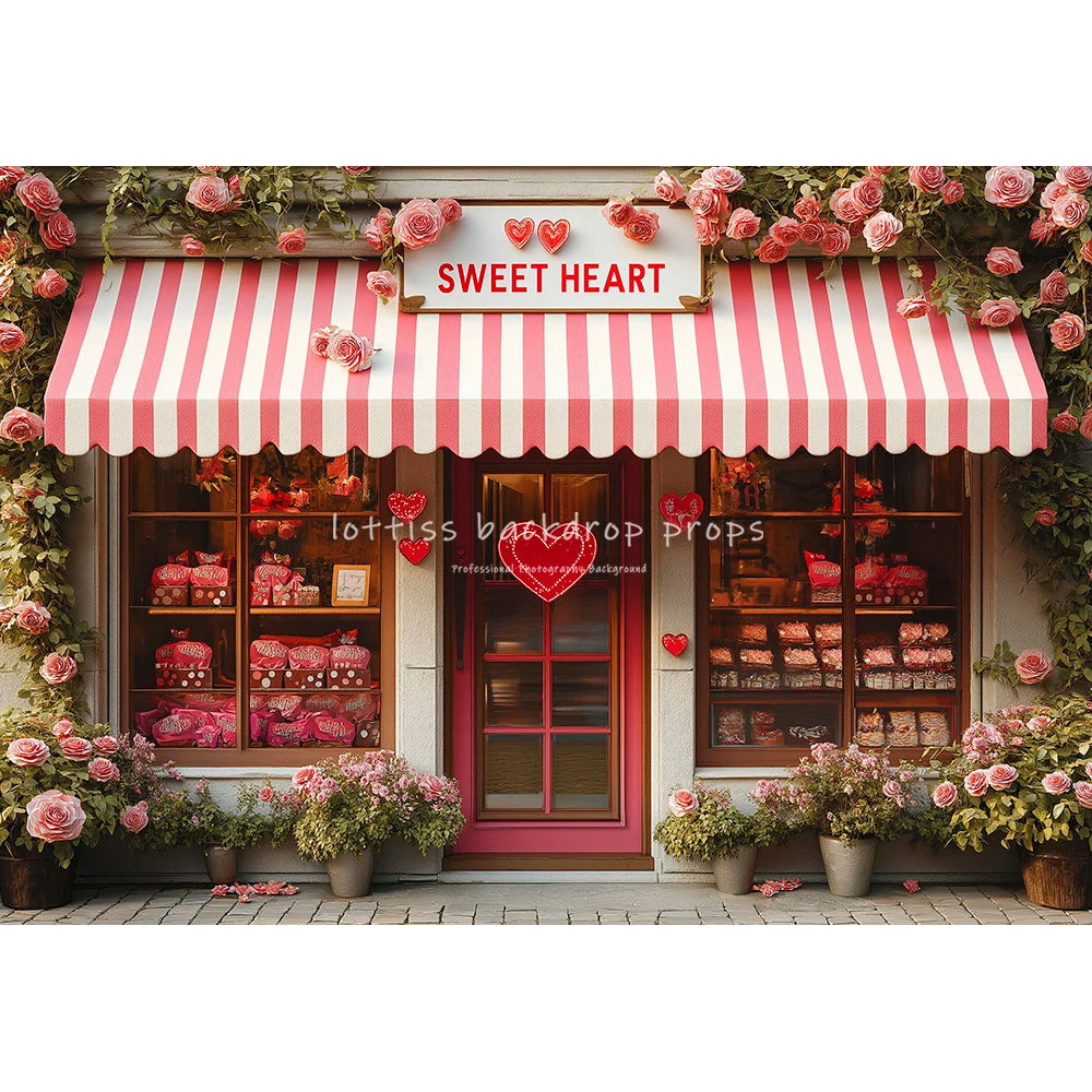 Romantic Cafe Front With Rose Backdrops Kids Baby Photography Child Photocall Sweet Heart Pink Floral Stores Backgrounds