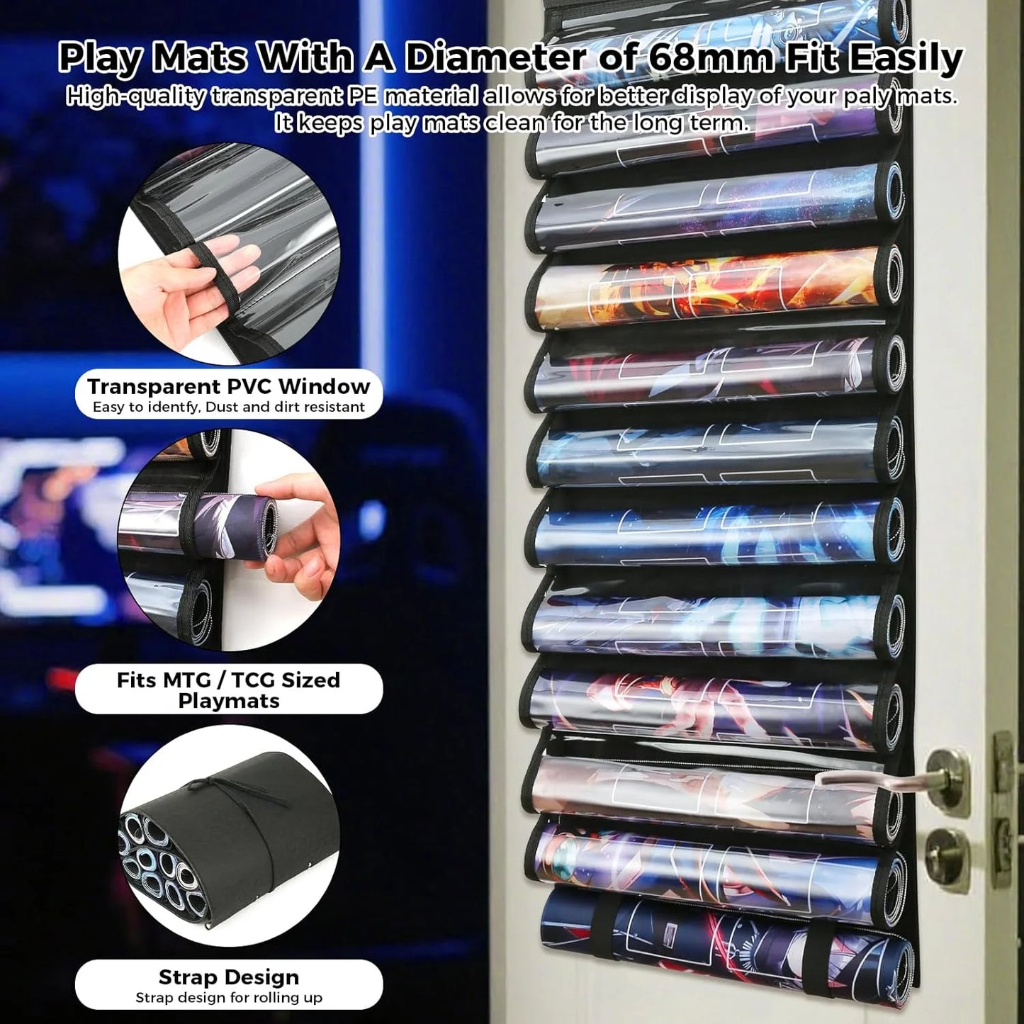 Playmat Holder - Portable Organiser Rack for TCG/RPG Mat, Compact Storage Solution for MTG & Collectible Game Mats with 2 Hooks