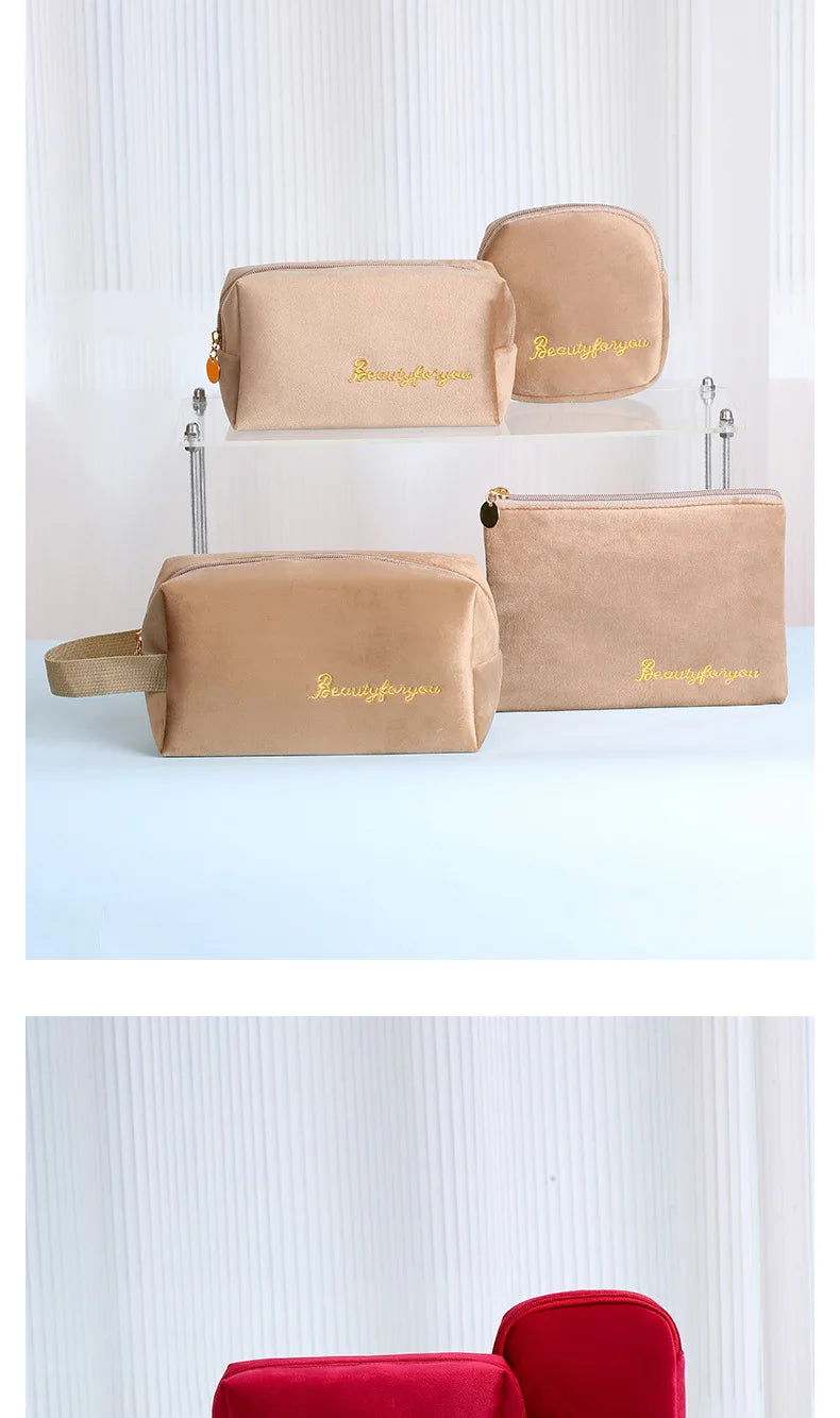 Plush Cosmetic Bag for Women – Large Zipper Makeup & Toiletry Travel Pouch, Solid Color Beauty Bag