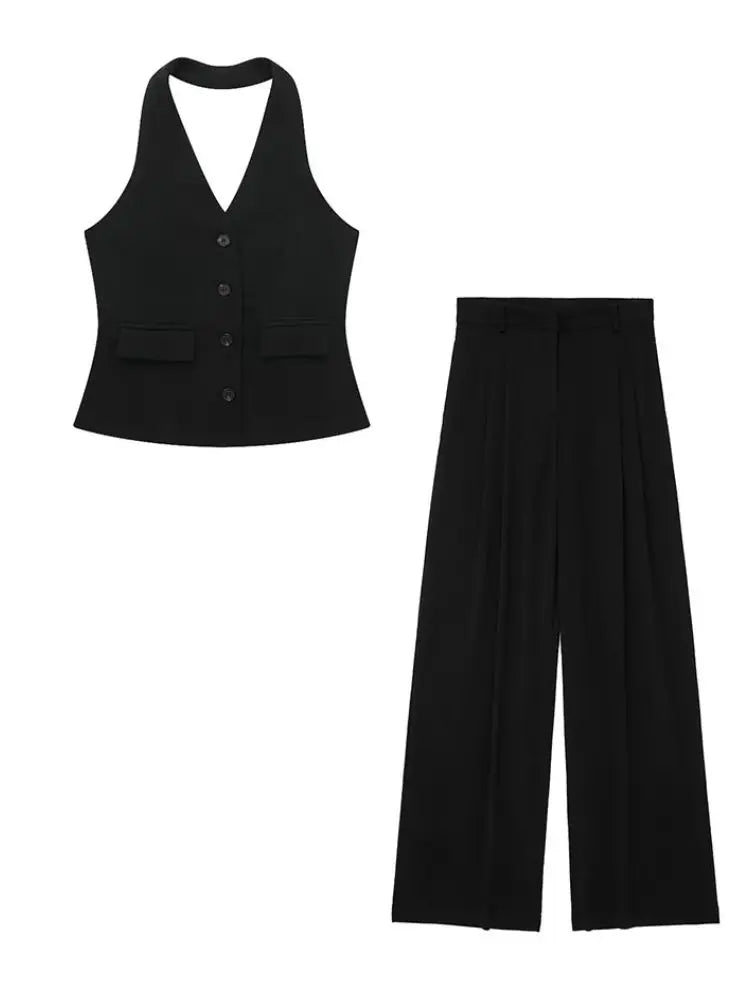 Women's Linen Look Halterneck Vest And Wide Leg Trouser