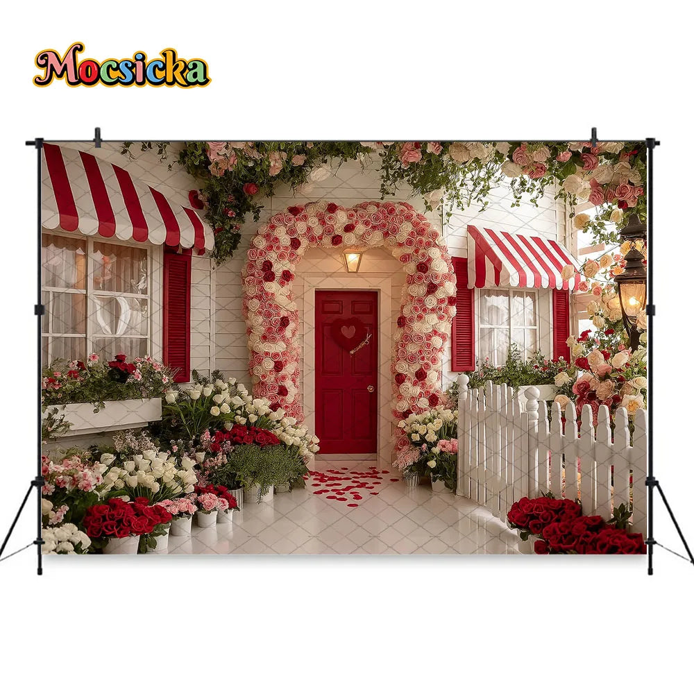 Mocsicka Valentines Day Flower Shop Backdrop Photography Red White Striped Floral Garden Background Kid Photo Shoot Studio Decor