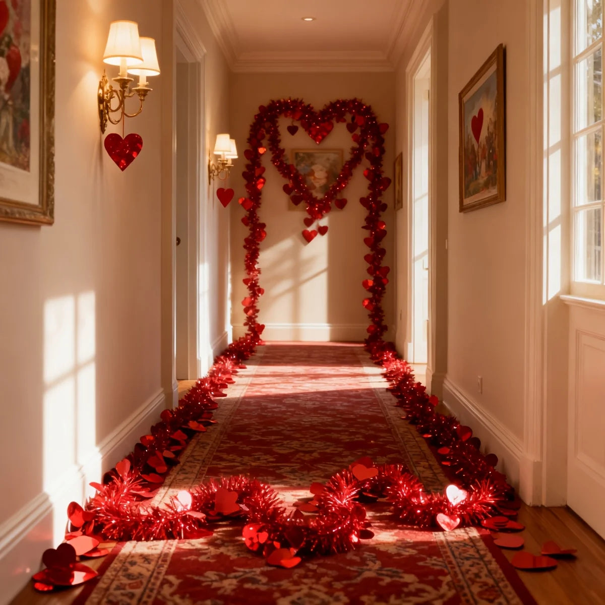 6-meter Artificial Valentine's Day Heart-shaped Vine - Festival Decoration Artificial Flower - Red Heart-shaped Hanging Ribbon