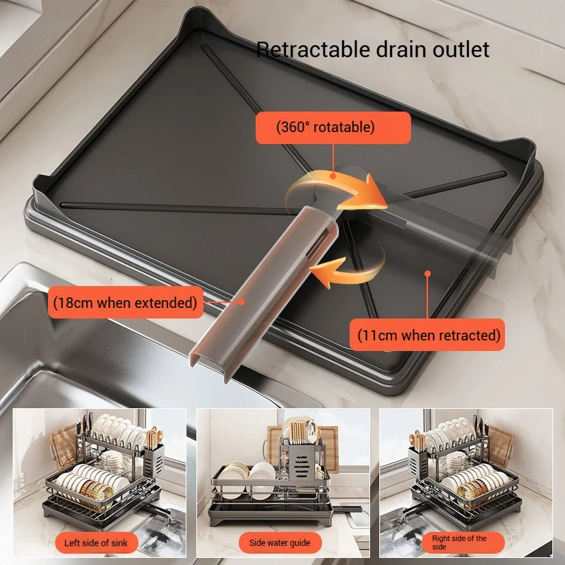 Dish Drying Rack Adjustable Kitchen Plates Organiser with Drainboard Over Sink Plate Drainer Storage Organizer