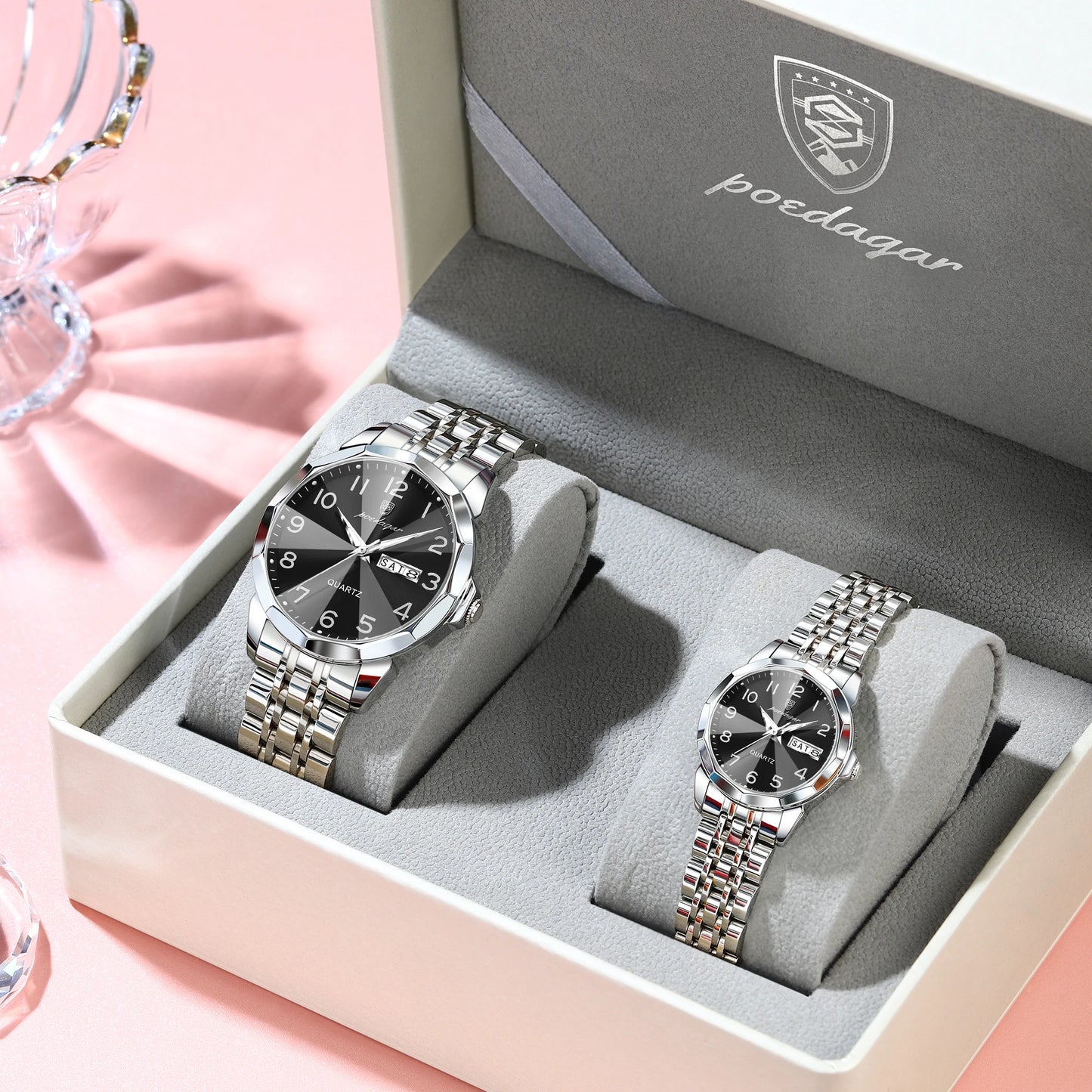 POEDAGAR Top Fashion Watches For Couple Waterproof Date Week Couple's Watches Quartz Stainless Steel Couple Watch Lovers Set+Box