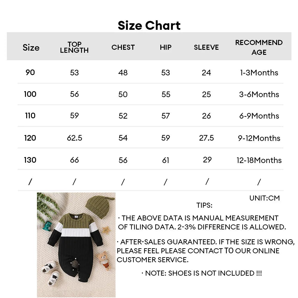 3 Colours Autumn Bodysuits Newborn Baby Boy Long Sleeve Colour Block Romper+Hat Simple Onesie Jumpsuit for Toddlers 1-18 Months