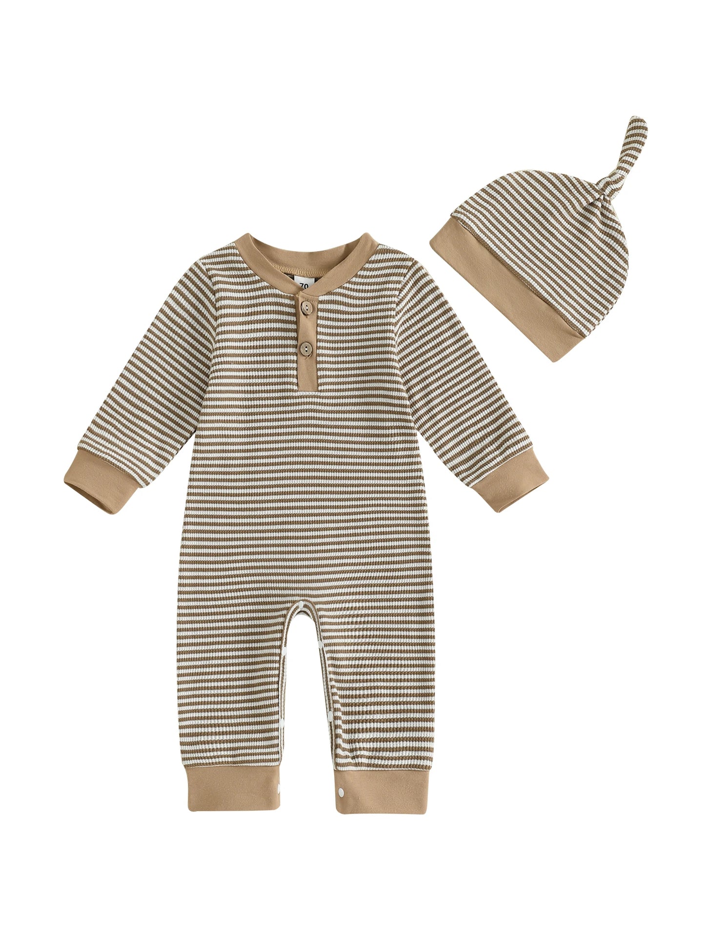 Toddler Boy Autumn Outfit Set Long Sleeve Striped Romper with Matching Hat for Baby Boys 2 Piece Jumpsuit Ensemble