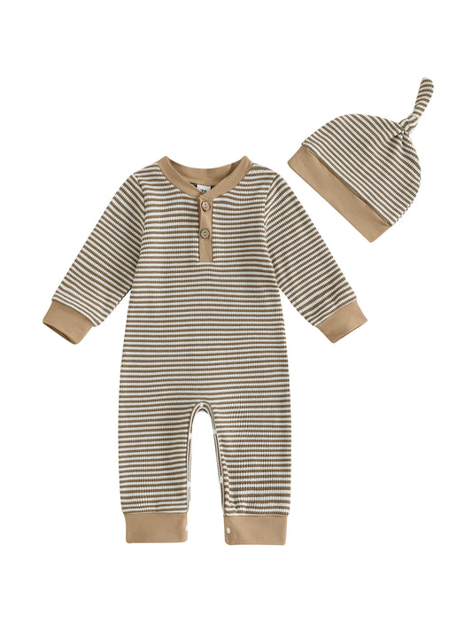 Toddler Boy Autumn Outfit Set Long Sleeve Striped Romper with Matching Hat for Baby Boys 2 Piece Jumpsuit Ensemble