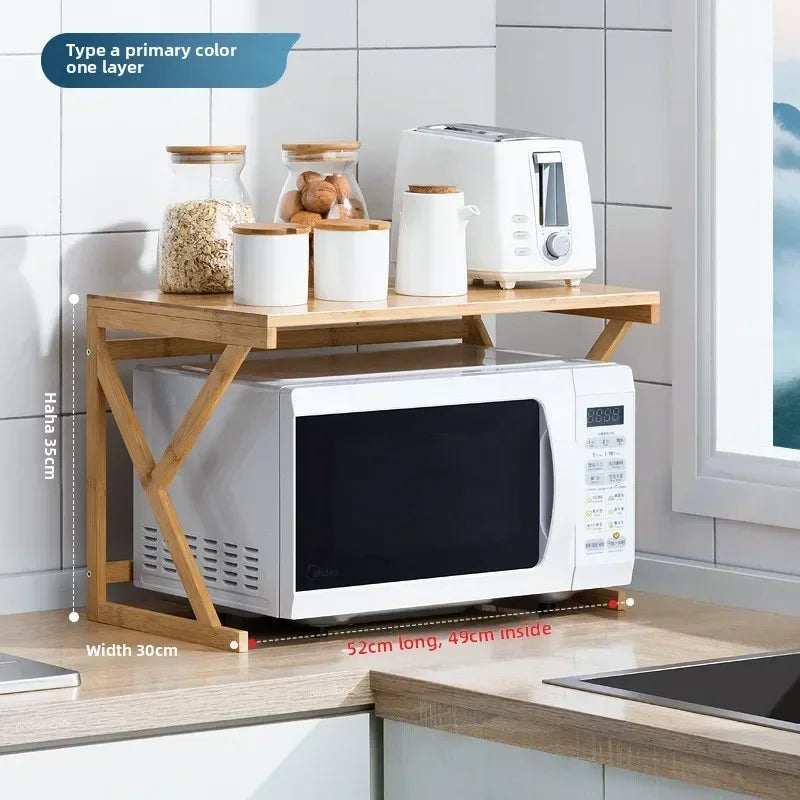 Kitchen Shelf Countertop Double Microwave Oven Shelf Desktop Seasoning Oven Storage Rack Bamboo Solid Wood