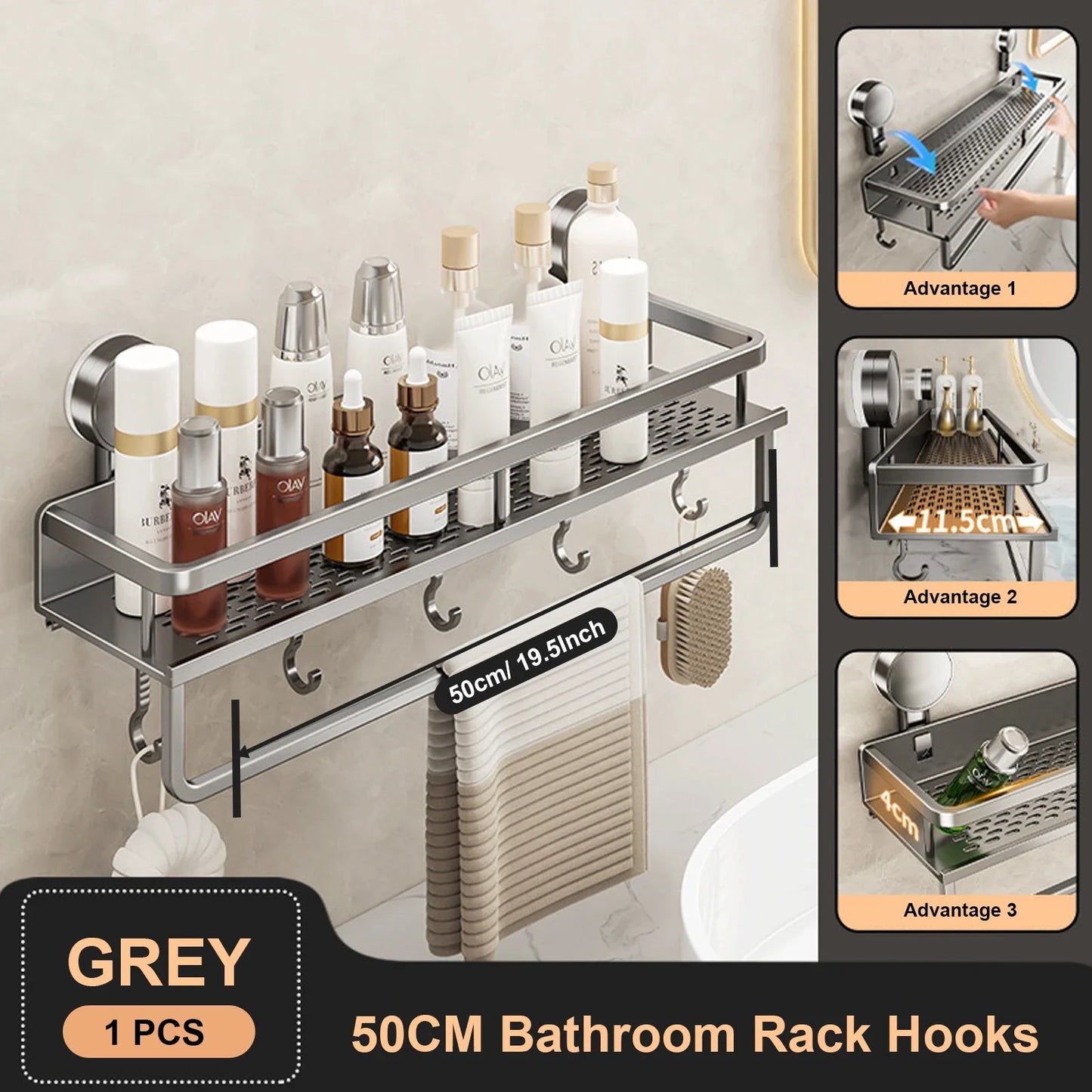 Suction Cup Bathroom Shelf No Drill Wall Mounted Shampoo Bottle Shower Rack Toilet Storage Rack Aluminum Bathroom Kitchen