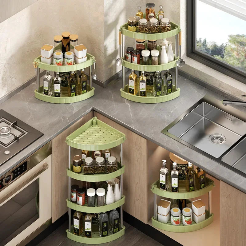 Kitchen Spice Rack Shelf Countertop Corner Multifunctional Seasoning Supplies Rack Saving Spice Rack Organiser with Hooks