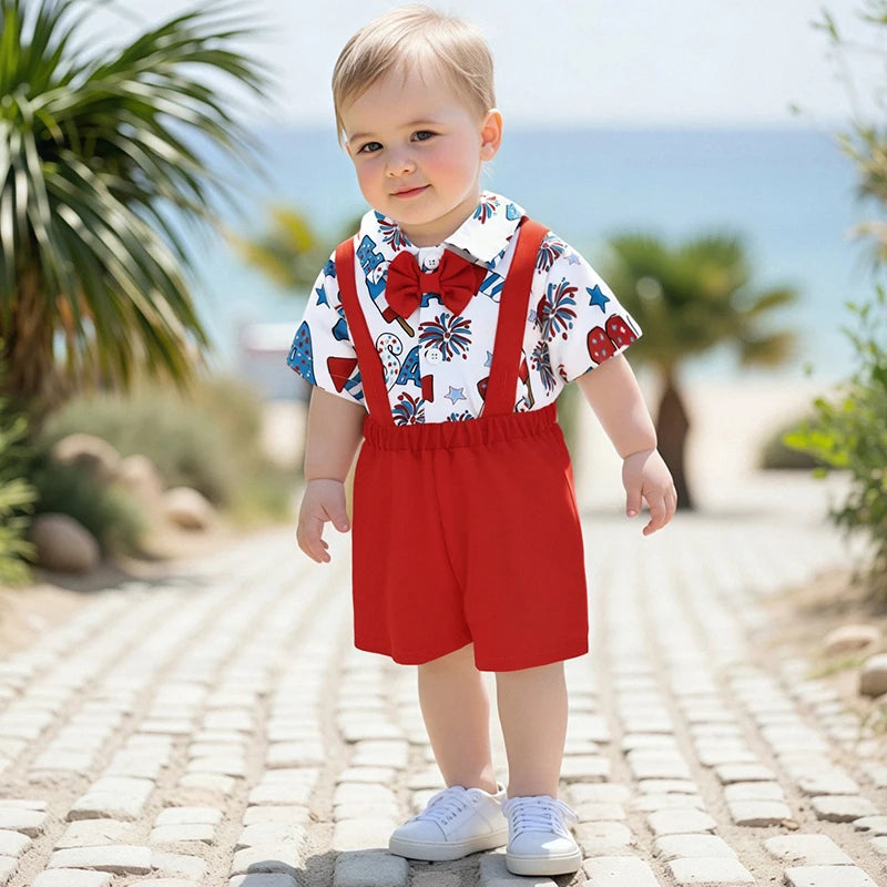 Toddler Boys Independence Day Outfits Short Sleeve Bowtie Romper Suspender Shorts Set Infant Clothing for 4th of July