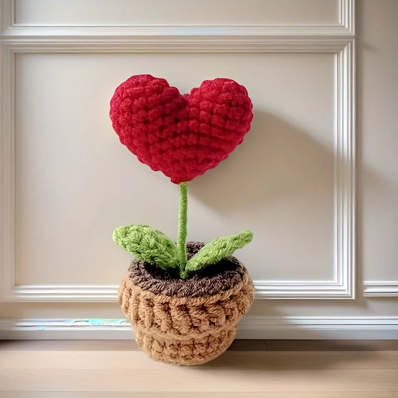 1/2/3/5Pcs Handmade Knitted Flower Pot Red Heart Shaped Knit Imitation Potted Plant Christmas Valentine's Day Mother‘s Day Gift
