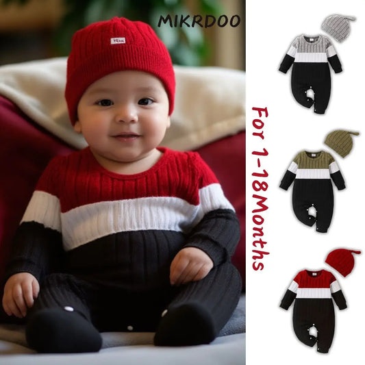 3 Colours Autumn Bodysuits Newborn Baby Boy Long Sleeve Colour Block Romper+Hat Simple Onesie Jumpsuit for Toddlers 1-18 Months