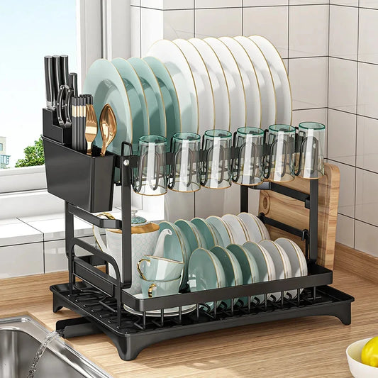 Black 2 Tier Dish Drying Rack Multifunctional Kitchen Bowl Dish Drain Rack Complete Set for Tableware Cutlery Cup Storage