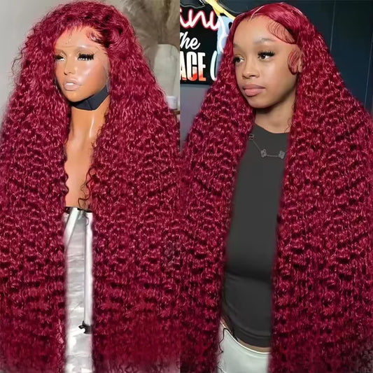 99J Burgundy Colored Curly Wig Transparent 13x6 Lace Frontal Human Hair Preplucked 13x4 HD Lace Frontal Deep Wave Wigs For Women