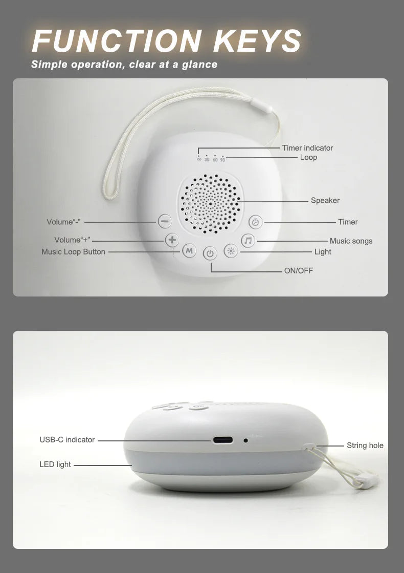 Portable White Noise Machine Sleep Aid with LED Breathing Light And 20 Types of Light Music - Meditation Device for Relaxation