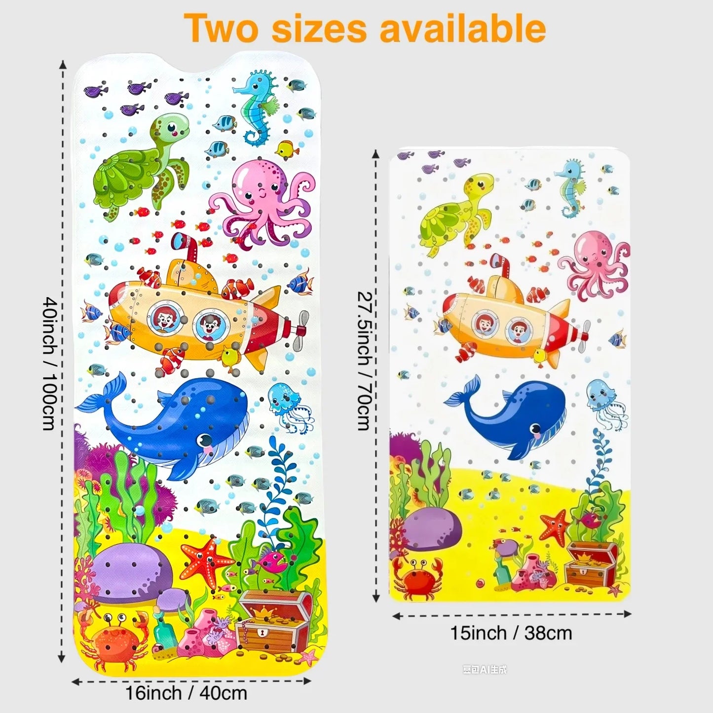 1pc Baby Bath Mat for Tub for Kids, Non Slip Cartoon Bathtub Mat Anti Slip with Drain Holes & Suction Cups,Underwater World