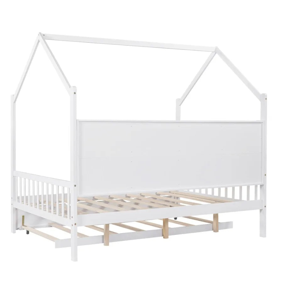 Wooden Full Size House Bed with Trundle Bed with Shelf