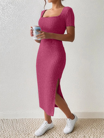 Short-Sleeved, Versatile Knitted Slit Dress