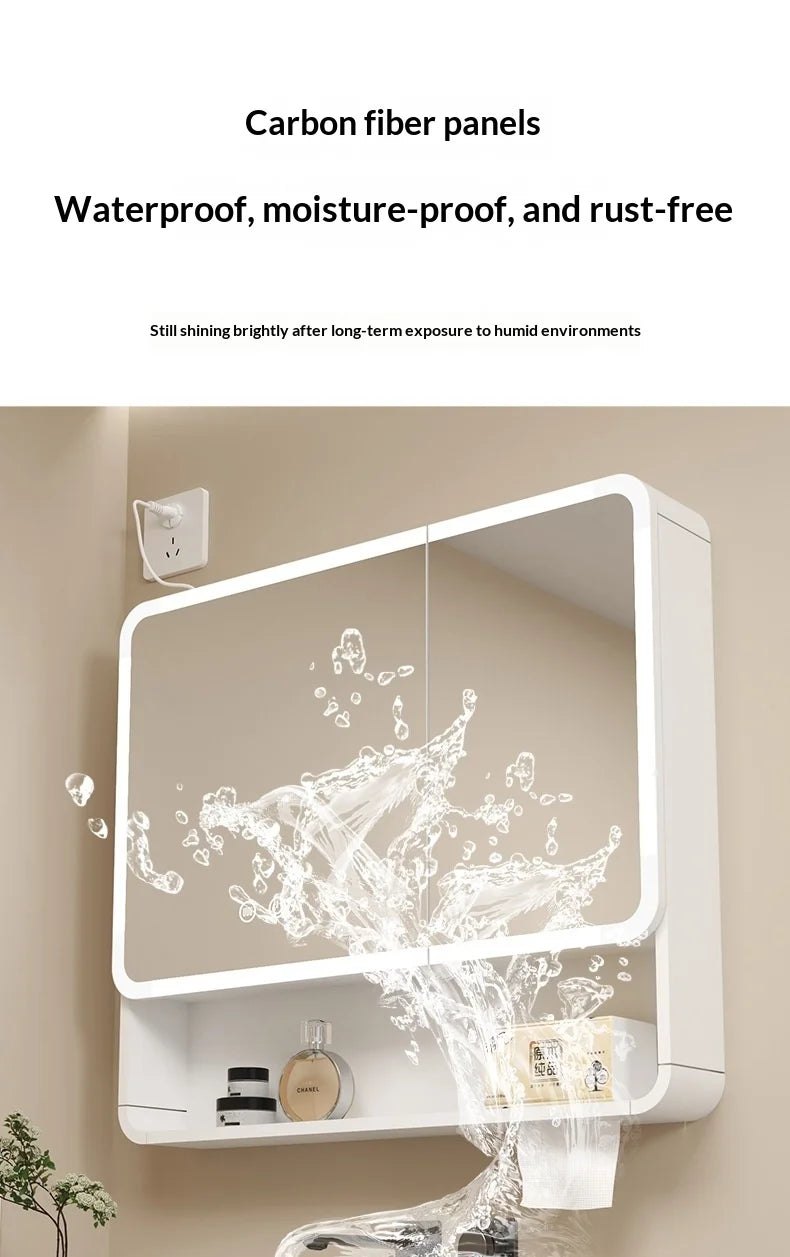 Bathroom Mirror Led Light Wall Mounted Carbon Fiber Curved Rounded Corner Smart Storage Mirror Cabinet Home Furniture Homehold