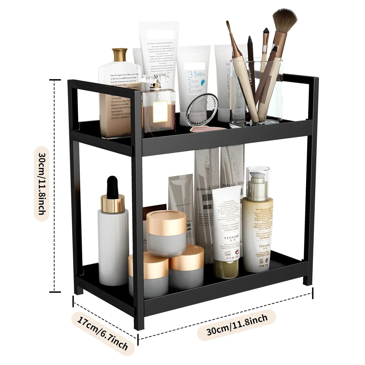 2 Tier Under Sink Organiser Sliding Cabinet Basket Organiser Storage Rack with Hooks Hanging Cup Bathroom Kitchen Organiser