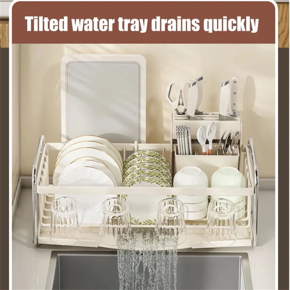 Kitchen Dish Draining Rack Steel Cutlery Rack with Drain Tray Cup Cutlery Holder Plate Rack Kitchen Countertop Storage Rack