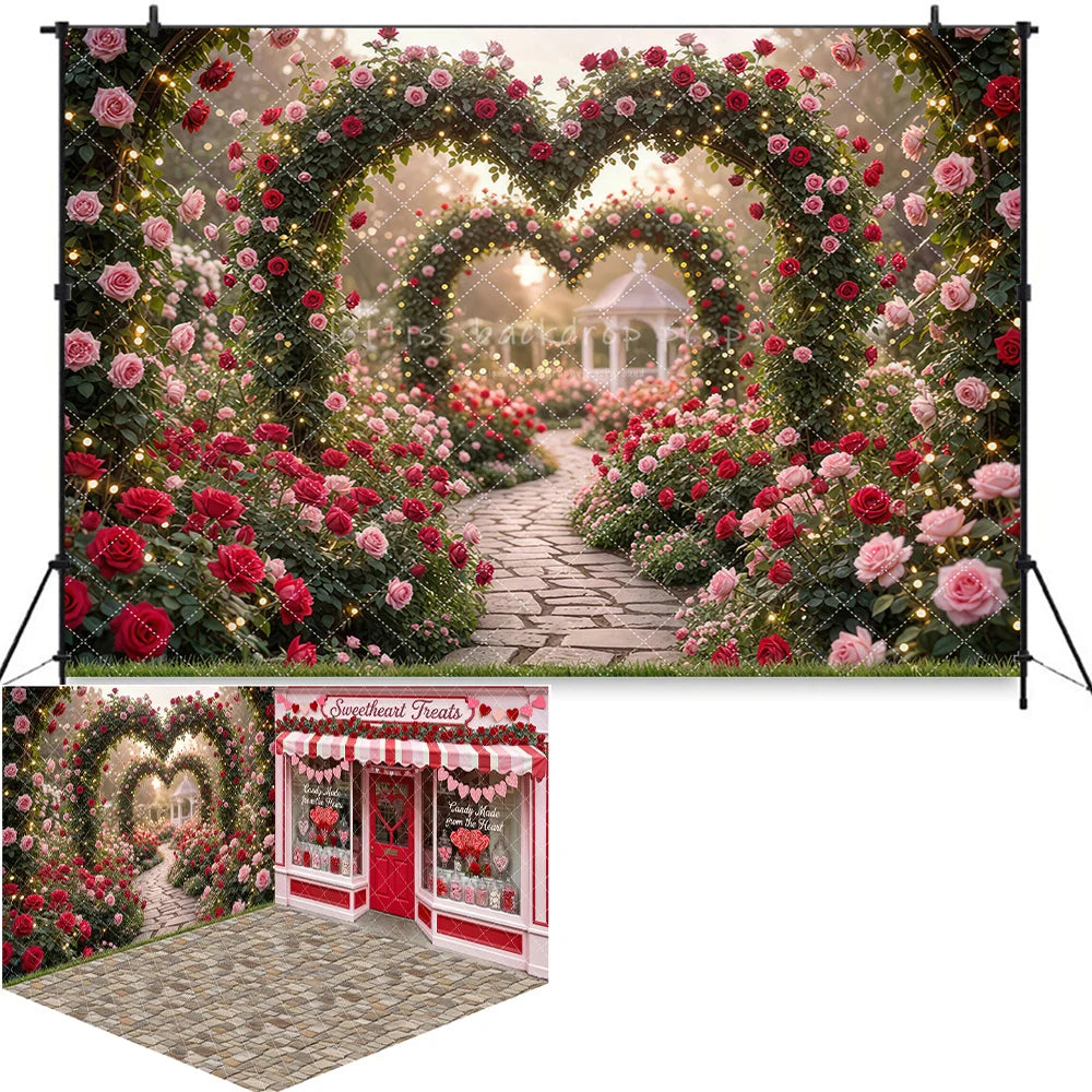 Valentine's Day Street Store Backdrops Kids Adult Photography Props Rose Garden Arch Floral Market Easter Bunny Backdrops