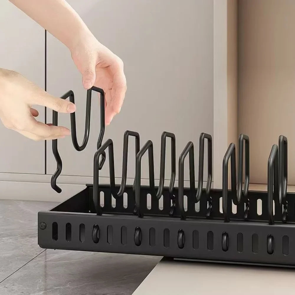 1Pc Adjustable Pull Out Pot Pan Rack Kitchen Cabinet Organiser, Expandable Kitchen Storage Holder for Pots Pans Lids Dishes