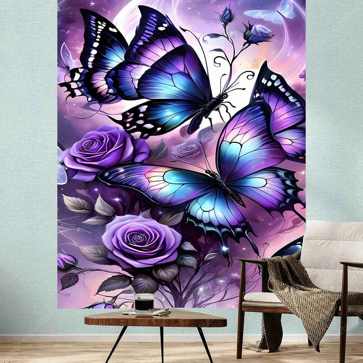 Butterfly Flower UV Reactive Tapestry Wall Hanging Hippie Boho Room Decor