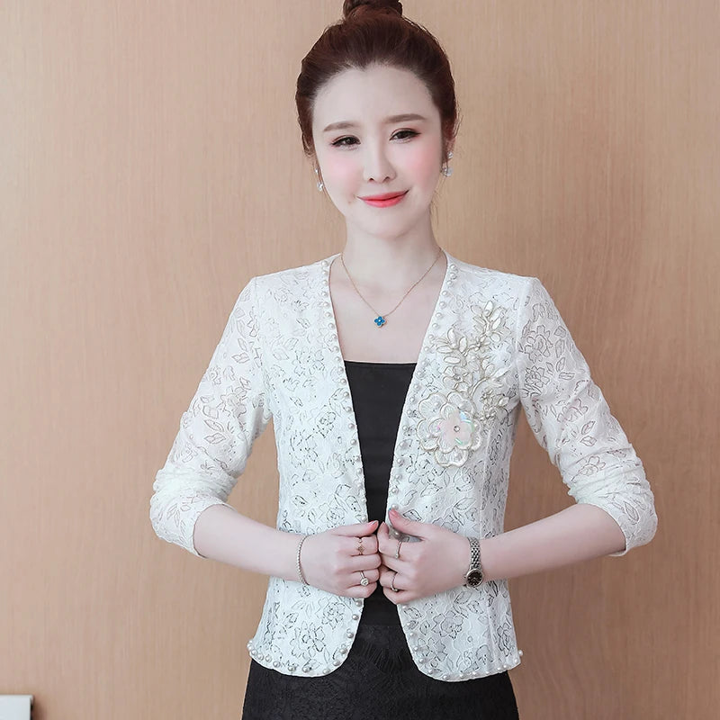 Short Lace  Long Sleeve Embroidery Cardigan