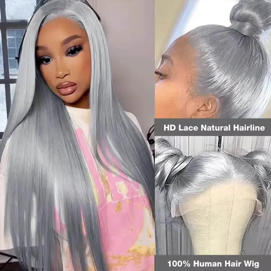 Grey Lace Front wig human hair Straight 13x4 Pink HD Lace Frontal Wigs Human Hair Pre Plucked with Baby Hair Pink Color Wig Hair