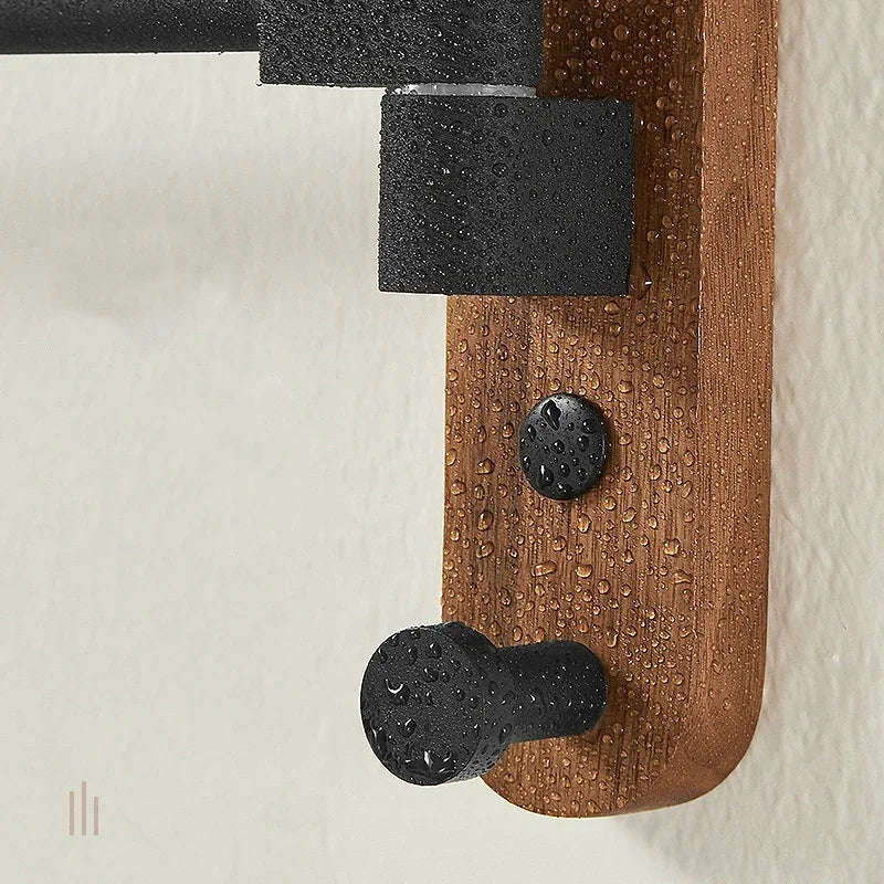 Bathroom Swivel Towel Rack, Wood & Matte Black Metal, 4-Arm Wall Mounted Towel Bar with Towel Ring, Space-Saving Towel Hanger