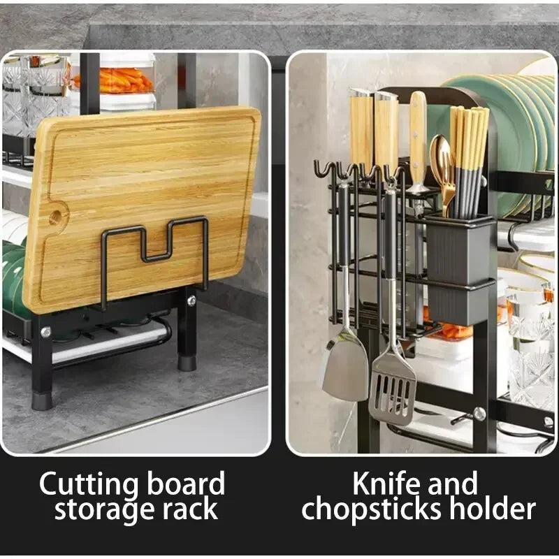 2 Tier Stainless Steel Dish Drainer with Utensil Holder Compact Rust Proof Kitchen Storage Organiser Drying Rack for Dishes