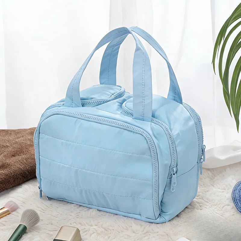 Standing Travel Makeup Bag, Large Capacity Multi Zone with Handle, Multi Compartment Women's Portable Toiletries Bag